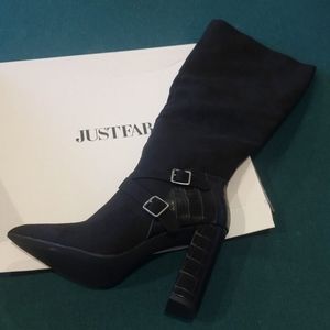 Brand New JustFab knee high black heeled boots